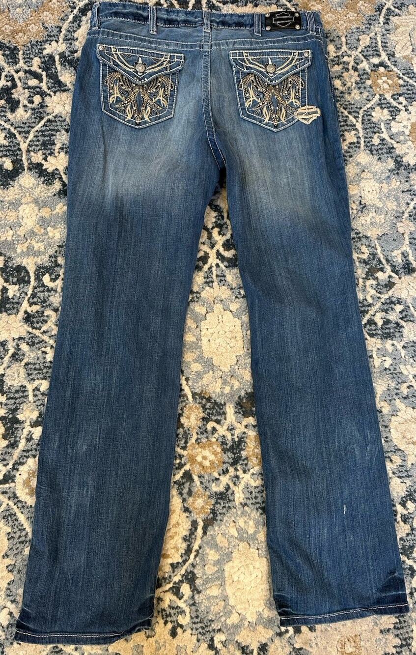 Harley-Davidson Bootcut Jeans Women's Size 18 Tall Thick Stitch Bling Pockets